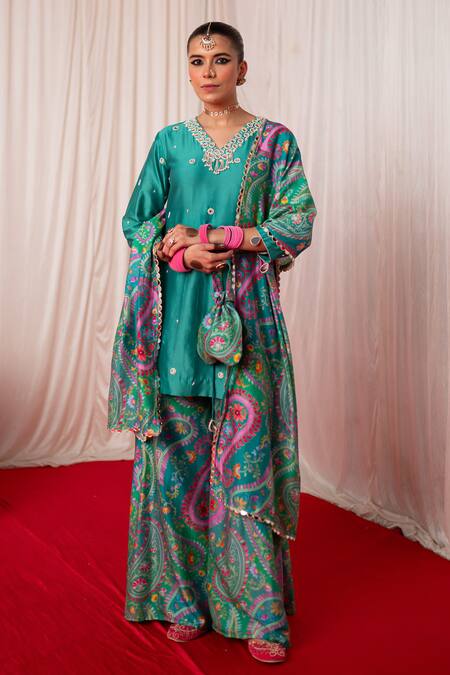 Shop Chrkha Black Chanderi Silk Hand Embroidered Mirror V-neck Kurta And Sharara Set Online at Aza Fashions Shop_Chrkha_Black Chanderi Silk Hand Embroidered Mirror V-neck Kurta And Sharara Set _Online_at_Aza_Fashions