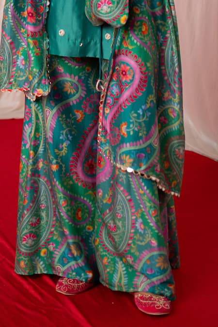 Chrkha Black Chanderi Silk Hand Embroidered Mirror V-neck Kurta And Sharara Set at Aza Fashions Chrkha_Black Chanderi Silk Hand Embroidered Mirror V-neck Kurta And Sharara Set _at_Aza_Fashions