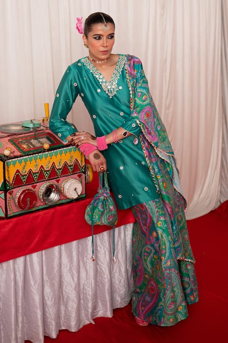 Buy Chrkha Black Chanderi Silk Hand Embroidered Mirror V-neck Kurta And Sharara Set Buy_Chrkha_Black Chanderi Silk Hand Embroidered Mirror V-neck Kurta And Sharara Set