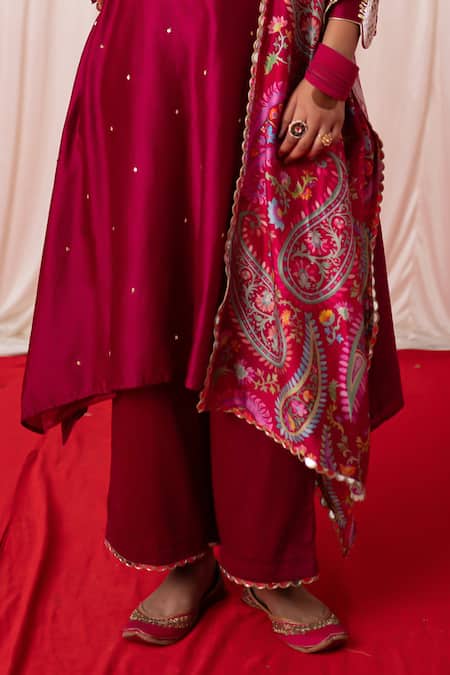 Chrkha_Maroon Cotton Satin Print Mirror Paisley Embroidered A-line Kurta And Pant Set _Online_at_Aza_Fashions