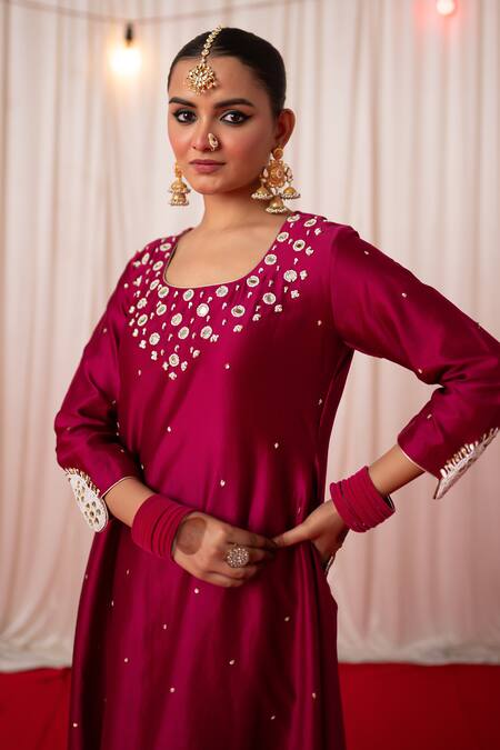 Chrkha_Maroon Cotton Satin Print Mirror Paisley Embroidered A-line Kurta And Pant Set _at_Aza_Fashions