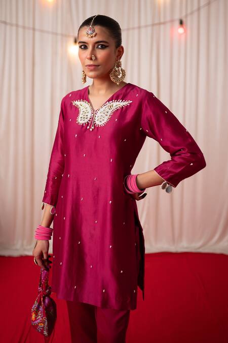 Shop Chrkha Maroon Cotton Satin, Chanderi Silk Paisley Embroidered Short Kurta With Pant Online at Aza Fashions Shop_Chrkha_Maroon Cotton Satin, Chanderi Silk Paisley Embroidered Short Kurta With Pant _Online_at_Aza_Fashions