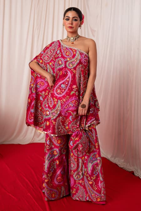 Chrkha Paisley Print One Shoulder Tunic With Sharara 