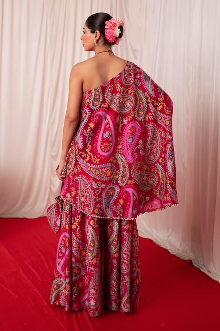 Shop Chrkha Maroon Chanderi Silk Print Beads One Shoulder Paisley Tunic With Sharara at Aza Fashions Shop_Chrkha_Maroon Chanderi Silk Print Beads One Shoulder Paisley Tunic With Sharara _at_Aza_Fashions
