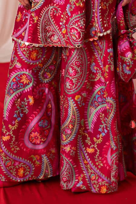 Buy Chrkha Maroon Chanderi Silk Print Beads One Shoulder Paisley Tunic With Sharara Online at Aza Fashions Buy_Chrkha_Maroon Chanderi Silk Print Beads One Shoulder Paisley Tunic With Sharara _Online_at_Aza_Fashions