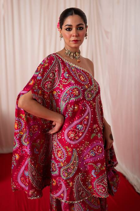 Shop Chrkha Maroon Chanderi Silk Print Beads One Shoulder Paisley Tunic With Sharara Online at Aza Fashions Shop_Chrkha_Maroon Chanderi Silk Print Beads One Shoulder Paisley Tunic With Sharara _Online_at_Aza_Fashions