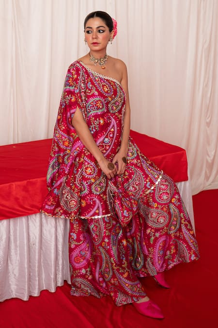 Chrkha Maroon Chanderi Silk Print Beads One Shoulder Paisley Tunic With Sharara at Aza Fashions Chrkha_Maroon Chanderi Silk Print Beads One Shoulder Paisley Tunic With Sharara _at_Aza_Fashions