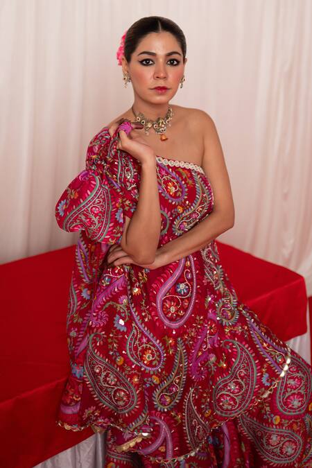 Buy Chrkha Maroon Chanderi Silk Print Beads One Shoulder Paisley Tunic With Sharara Buy_Chrkha_Maroon Chanderi Silk Print Beads One Shoulder Paisley Tunic With Sharara