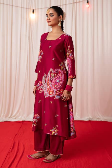 Shop Chrkha Maroon Cotton Satin Print Chanderi Silk Paisley Embroidered Kurta And Pant Set Online at Aza Fashions Shop_Chrkha_Maroon Cotton Satin Print Chanderi Silk Paisley Embroidered Kurta And Pant Set _Online_at_Aza_Fashions