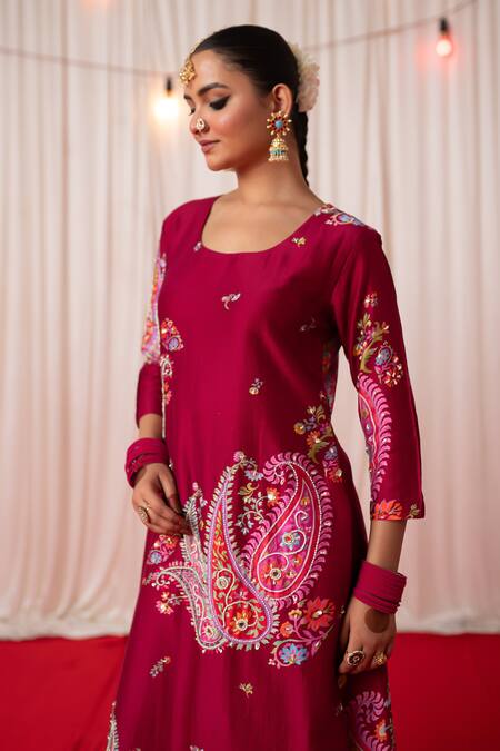 Chrkha Maroon Cotton Satin Print Chanderi Silk Paisley Embroidered Kurta And Pant Set at Aza Fashions Chrkha_Maroon Cotton Satin Print Chanderi Silk Paisley Embroidered Kurta And Pant Set _at_Aza_Fashions
