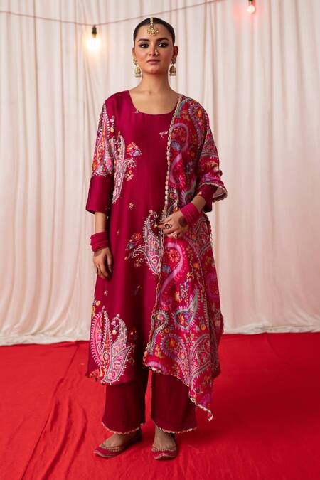 Buy Chrkha Maroon Cotton Satin Print Chanderi Silk Paisley Embroidered Kurta And Pant Set Buy_Chrkha_Maroon Cotton Satin Print Chanderi Silk Paisley Embroidered Kurta And Pant Set