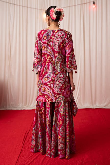 Shop Chrkha Maroon Chanderi Silk Print Sequins V-neck Paisley Straight Kurta And Sharara Set at Aza Fashions Shop_Chrkha_Maroon Chanderi Silk Print Sequins V-neck Paisley Straight Kurta And Sharara Set _at_Aza_Fashions