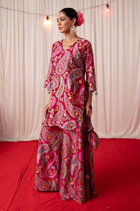 Shop Chrkha Maroon Chanderi Silk Print Sequins V-neck Paisley Straight Kurta And Sharara Set Online at Aza Fashions Shop_Chrkha_Maroon Chanderi Silk Print Sequins V-neck Paisley Straight Kurta And Sharara Set _Online_at_Aza_Fashions