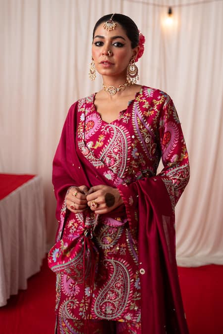 Chrkha Maroon Chanderi Silk Print Sequins V-neck Paisley Straight Kurta And Sharara Set at Aza Fashions Chrkha_Maroon Chanderi Silk Print Sequins V-neck Paisley Straight Kurta And Sharara Set _at_Aza_Fashions
