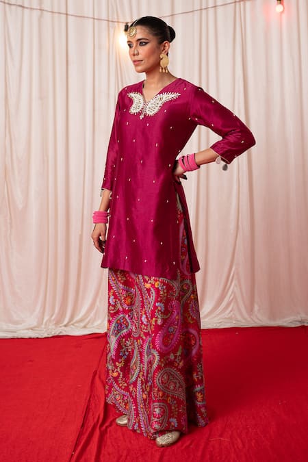 Shop Chrkha Maroon Chanderi Silk Print Mirror V-neck Paisley Kurta And Sharara Set Online at Aza Fashions Shop_Chrkha_Maroon Chanderi Silk Print Mirror V-neck Paisley Kurta And Sharara Set _Online_at_Aza_Fashions