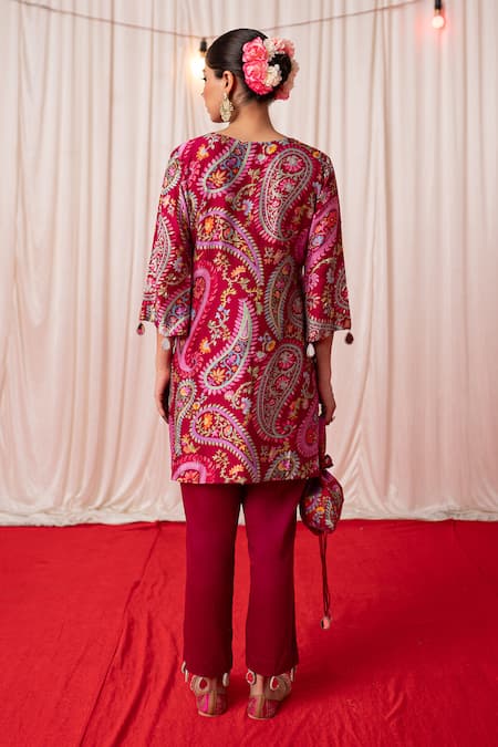 Shop Chrkha Maroon Cotton Satin Print Mirror Paisley Embroidered Short Kurta With Pant at Aza Fashions Shop_Chrkha_Maroon Cotton Satin Print Mirror Paisley Embroidered Short Kurta With Pant _at_Aza_Fashions