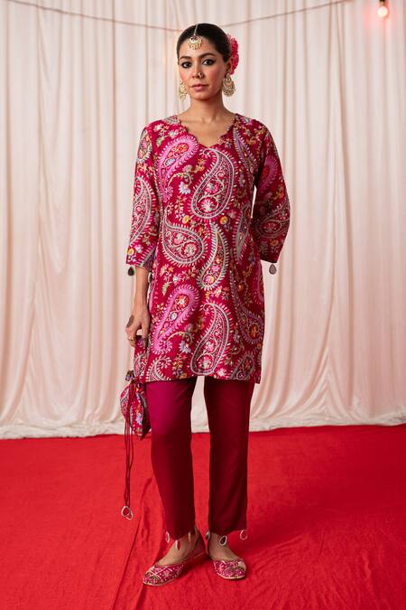 Buy Chrkha Maroon Cotton Satin Print Mirror Paisley Embroidered Short Kurta With Pant Online at Aza Fashions Buy_Chrkha_Maroon Cotton Satin Print Mirror Paisley Embroidered Short Kurta With Pant _Online_at_Aza_Fashions