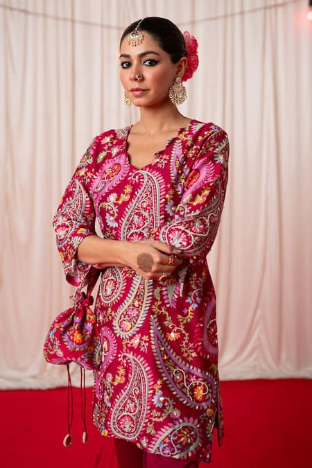 Chrkha Maroon Cotton Satin Print Mirror Paisley Embroidered Short Kurta With Pant at Aza Fashions Chrkha_Maroon Cotton Satin Print Mirror Paisley Embroidered Short Kurta With Pant _at_Aza_Fashions