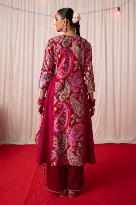 Shop Chrkha Maroon Cotton Satin Print Paisley Embroidered A-line Panelled Kurta And Pant Set at Aza Fashions Shop_Chrkha_Maroon Cotton Satin Print Paisley Embroidered A-line Panelled Kurta And Pant Set _at_Aza_Fashions
