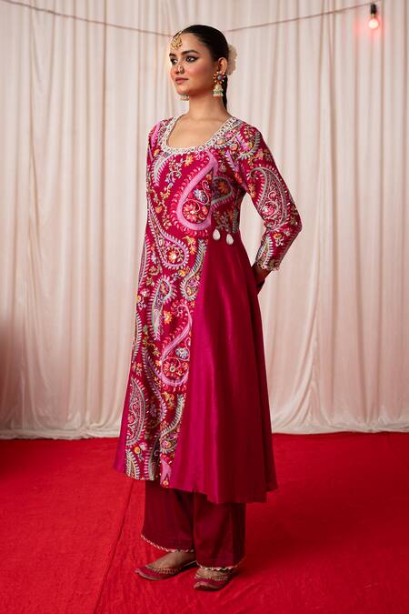 Chrkha Maroon Cotton Satin Print Paisley Embroidered A-line Panelled Kurta And Pant Set Online at Aza Fashions Chrkha_Maroon Cotton Satin Print Paisley Embroidered A-line Panelled Kurta And Pant Set _Online_at_Aza_Fashions
