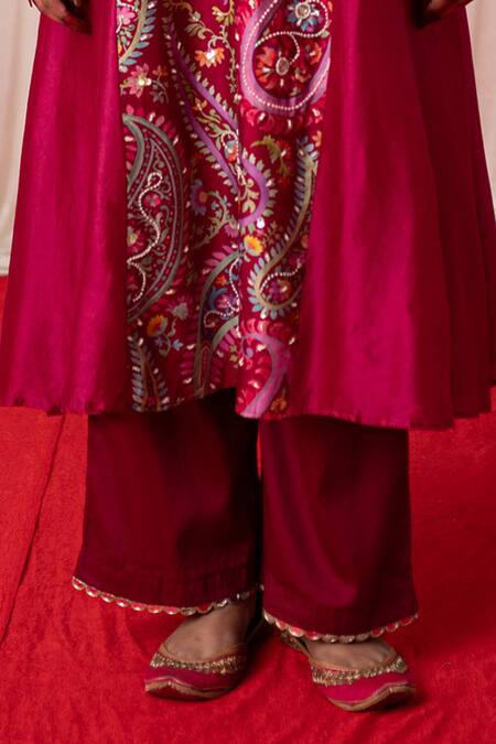 Buy Chrkha Maroon Cotton Satin Print Paisley Embroidered A-line Panelled Kurta And Pant Set Online at Aza Fashions Buy_Chrkha_Maroon Cotton Satin Print Paisley Embroidered A-line Panelled Kurta And Pant Set _Online_at_Aza_Fashions