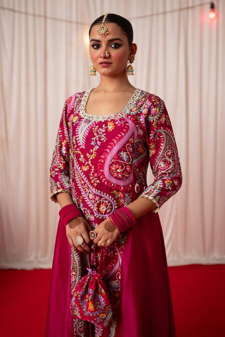 Shop Chrkha Maroon Cotton Satin Print Paisley Embroidered A-line Panelled Kurta And Pant Set Online at Aza Fashions Shop_Chrkha_Maroon Cotton Satin Print Paisley Embroidered A-line Panelled Kurta And Pant Set _Online_at_Aza_Fashions