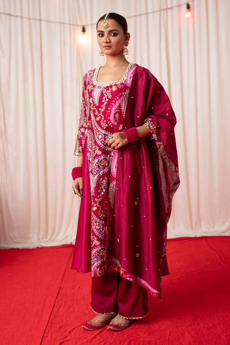Chrkha Maroon Cotton Satin Print Paisley Embroidered A-line Panelled Kurta And Pant Set at Aza Fashions Chrkha_Maroon Cotton Satin Print Paisley Embroidered A-line Panelled Kurta And Pant Set _at_Aza_Fashions
