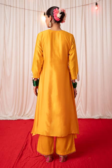 Shop Chrkha Yellow Cotton Satin Print Paisley Motif Embroidered A-line Kurta And Pant Set at Aza Fashions Shop_Chrkha_Yellow Cotton Satin Print Paisley Motif Embroidered A-line Kurta And Pant Set _at_Aza_Fashions