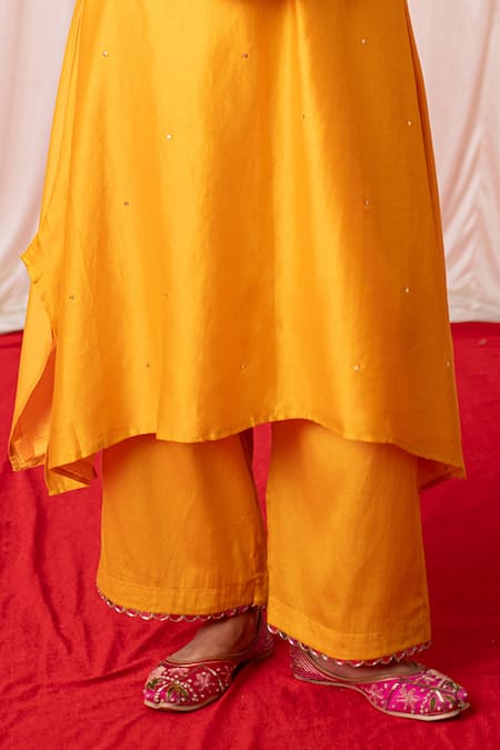 Chrkha Yellow Cotton Satin Print Paisley Motif Embroidered A-line Kurta And Pant Set Online at Aza Fashions Chrkha_Yellow Cotton Satin Print Paisley Motif Embroidered A-line Kurta And Pant Set _Online_at_Aza_Fashions