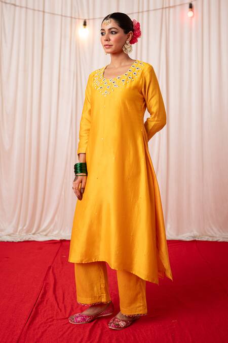 Shop Chrkha Yellow Cotton Satin Print Paisley Motif Embroidered A-line Kurta And Pant Set Online at Aza Fashions Shop_Chrkha_Yellow Cotton Satin Print Paisley Motif Embroidered A-line Kurta And Pant Set _Online_at_Aza_Fashions