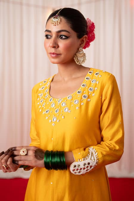 Chrkha Yellow Cotton Satin Print Paisley Motif Embroidered A-line Kurta And Pant Set at Aza Fashions Chrkha_Yellow Cotton Satin Print Paisley Motif Embroidered A-line Kurta And Pant Set _at_Aza_Fashions