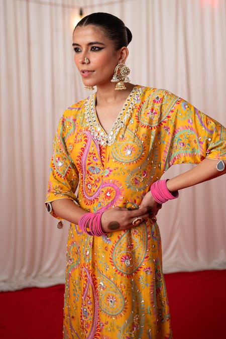 Buy Chrkha Yellow Chanderi Silk Print Tassel V-neck Paisley Mirror Embroidered Kaftan Online at Aza Fashions Buy_Chrkha_Yellow Chanderi Silk Print Tassel V-neck Paisley Mirror Embroidered Kaftan _Online_at_Aza_Fashions