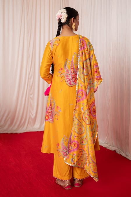 Shop Chrkha Yellow Cotton Satin Chanderi Silk Paisley Motif Embroidered Kurta And Pant Set at Aza Fashions Shop_Chrkha_Yellow Cotton Satin Chanderi Silk Paisley Motif Embroidered Kurta And Pant Set _at_Aza_Fashions