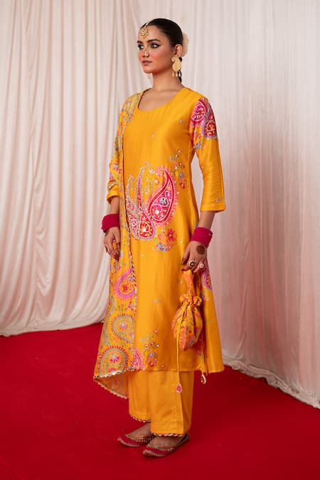 Chrkha Yellow Cotton Satin Chanderi Silk Paisley Motif Embroidered Kurta And Pant Set Online at Aza Fashions Chrkha_Yellow Cotton Satin Chanderi Silk Paisley Motif Embroidered Kurta And Pant Set _Online_at_Aza_Fashions
