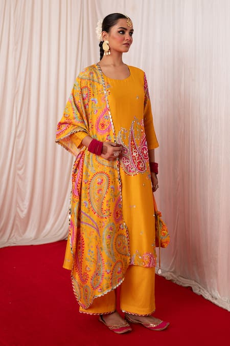 Buy Chrkha Yellow Cotton Satin Chanderi Silk Paisley Motif Embroidered Kurta And Pant Set Online at Aza Fashions Buy_Chrkha_Yellow Cotton Satin Chanderi Silk Paisley Motif Embroidered Kurta And Pant Set _Online_at_Aza_Fashions
