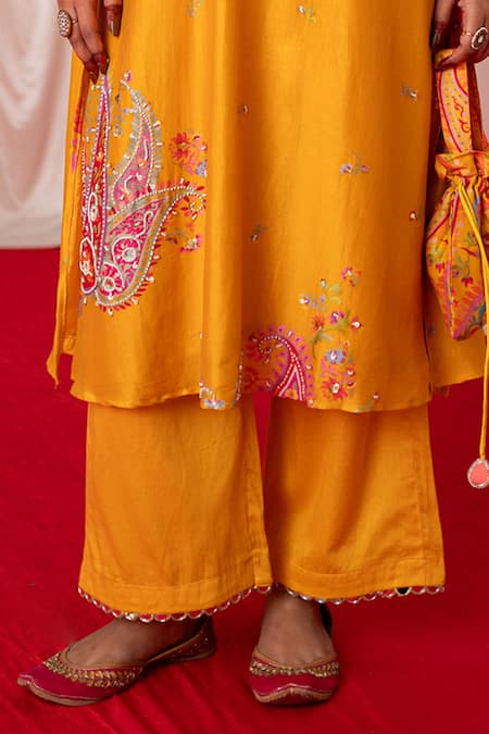 Chrkha Yellow Cotton Satin Chanderi Silk Paisley Motif Embroidered Kurta And Pant Set at Aza Fashions Chrkha_Yellow Cotton Satin Chanderi Silk Paisley Motif Embroidered Kurta And Pant Set _at_Aza_Fashions