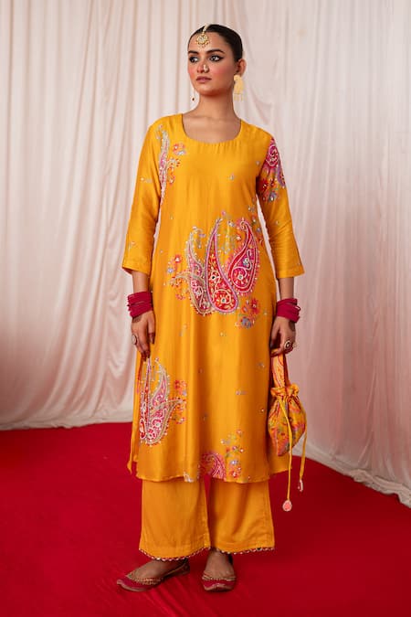 Buy Chrkha Yellow Cotton Satin Chanderi Silk Paisley Motif Embroidered Kurta And Pant Set Buy_Chrkha_Yellow Cotton Satin Chanderi Silk Paisley Motif Embroidered Kurta And Pant Set