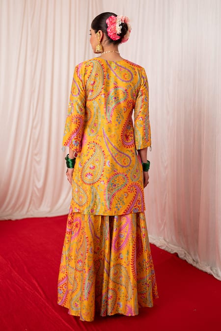 Chrkha Paisley Embroidered Straight Kurta & Sharara Set 