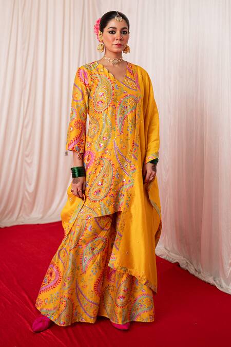 Chrkha_Yellow Chanderi Silk Print Paisley Embroidered Straight Kurta And Sharara Set _Online_at_Aza_Fashions