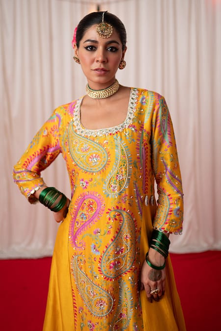 Chrkha_Yellow Cotton Satin Paisley Motif Embroidered A-line Panelled Kurta And Pant Set _at_Aza_Fashions