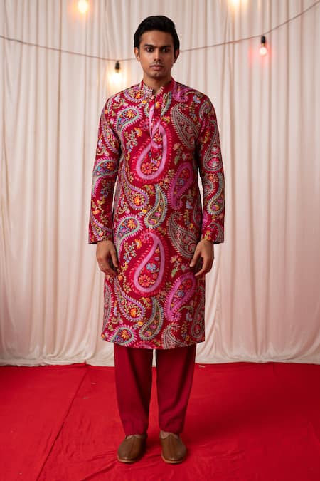 Chrkha Maroon Chanderi Silk Printed Floral Paisley Kurta With Pant Online at Aza Fashions Chrkha_Maroon Chanderi Silk Printed Floral Paisley Kurta With Pant _Online_at_Aza_Fashions