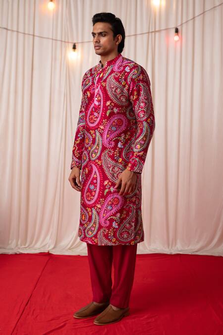 Shop Chrkha Maroon Chanderi Silk Printed Floral Paisley Kurta With Pant Online at Aza Fashions Shop_Chrkha_Maroon Chanderi Silk Printed Floral Paisley Kurta With Pant _Online_at_Aza_Fashions