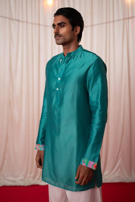 Shop_Chrkha_Green Chanderi Silk Printed Jaal Paisley Multicolor Bundi Kurta Set _Online_at_Aza_Fashions