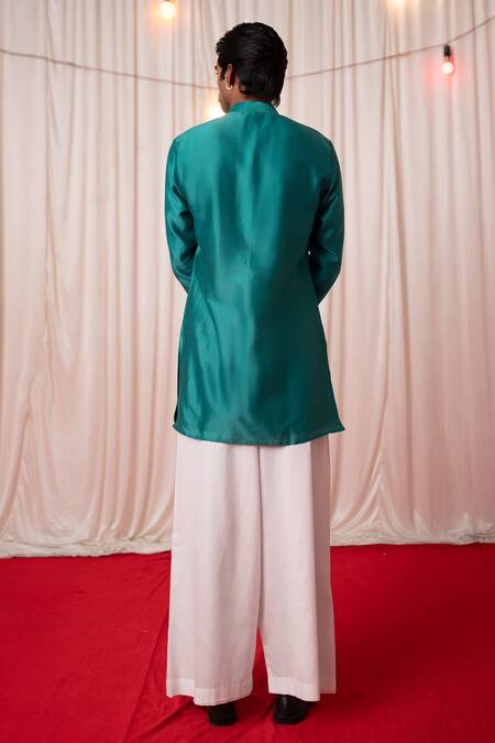 Chrkha_Green Chanderi Silk Printed Jaal Paisley Multicolor Bundi Kurta Set _at_Aza_Fashions