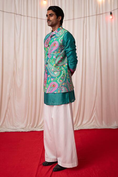 Shop_Chrkha_Green Chanderi Silk Printed Jaal Paisley Multicolor Bundi Kurta Set 