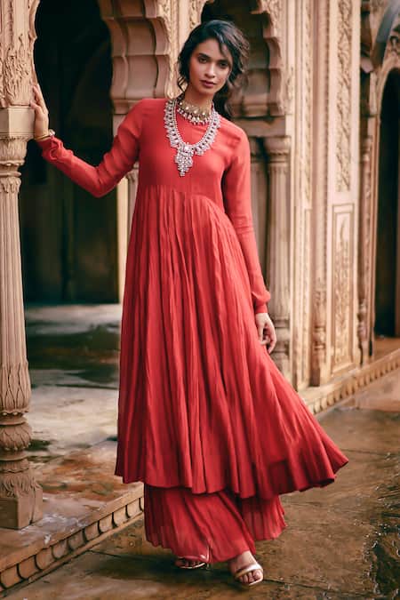 Buy_Paulmi And Harsh_Red Chanderi, Organza, Satin Embroidery Round Neck Forty Kali Anarkali Skirt Set _Online_at_Aza_Fashions
