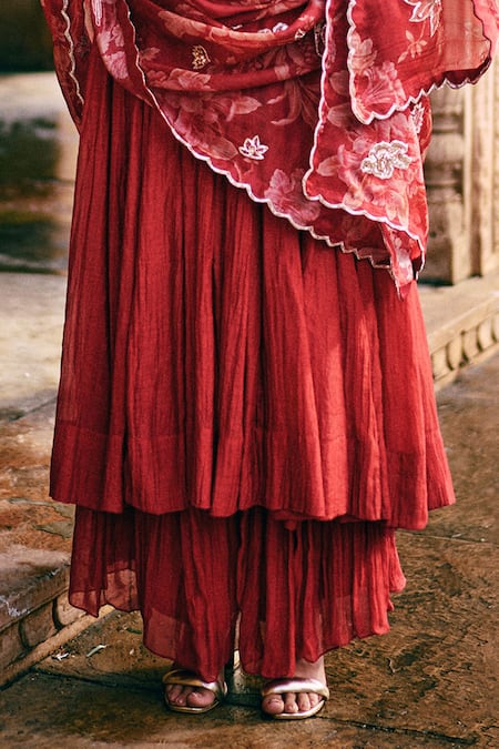 Shop_Paulmi And Harsh_Red Chanderi, Organza, Satin Embroidery Round Neck Forty Kali Anarkali Skirt Set _Online_at_Aza_Fashions