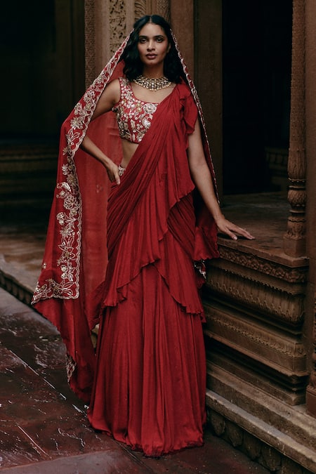 Paulmi and Harsh Pre-Draped Ruffle Saree With Embroidered Blouse 