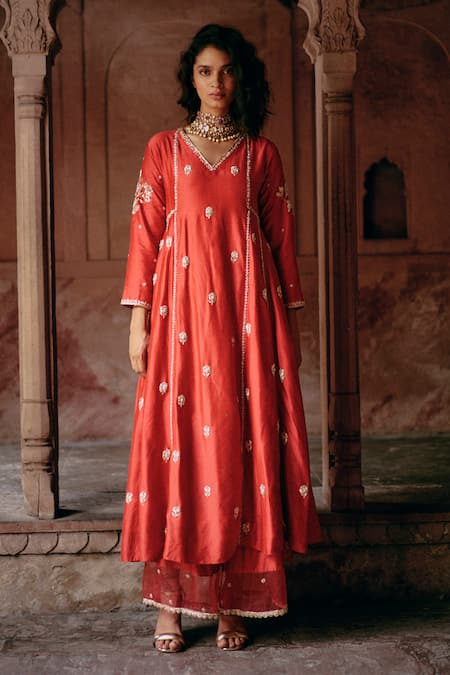 Paulmi and Harsh Red Anarkali Modal Silk Embroidery Floral Motif V Neck Hand With Pant 