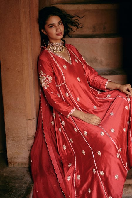Shop_Paulmi And Harsh_Red Modal, Silk, Organza, Cotton Embroidery V-neck Hand Anarkali With Pant _at_Aza_Fashions